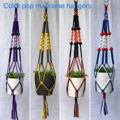 four different colored macrame hangers with plants in them