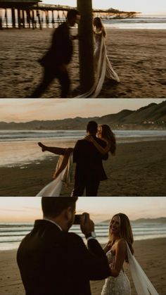 the bride and groom are dancing on the beach