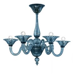 a blue chandelier with five lights hanging from it's center and four arms