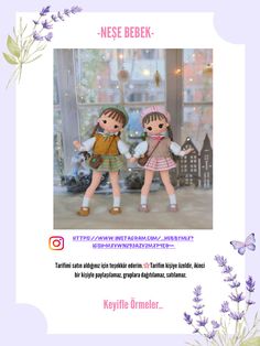 two dolls are standing next to each other in front of a window with lavender flowers