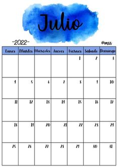 a calendar with the word julia written in blue watercolor on it's side