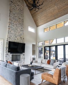 a living room filled with furniture and a flat screen tv mounted on the wall above a fireplace