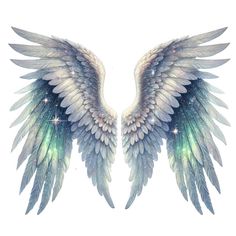 two angel wings with green and blue feathers on them, against a white background that has sparkles in the middle