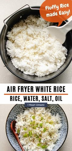 rice is being cooked in a frying pan with an orange tag above it that says air fryer white rice, rice, water, salt, oil