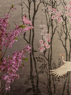 Grey Wallpaper Bathroom Ideas, Japanese Wallpaper Room, Japanese Inspired Wallpaper, Pink Japanese Wallpaper, Period Drawings, Cherry Blossom Bathroom, Cherry Blossom Mural, Wendy Morrison, Chinoiserie Bedroom