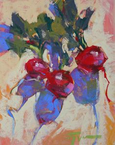 a painting of red and blue flowers in a vase