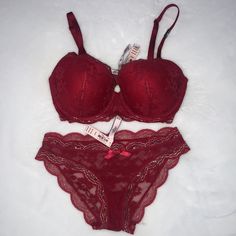 Never Worn Super Cute Lace Bra And Panties Set From Vs. Red Lace With Outside Gold Lining. Bra Is 32ddd Lightly Lined Cups, No Padding And Panties Are Xs. New With Tags. Red Bra Set, Elegant Fitted Red Bra, Red Bra And Panties, Elegant Red Seamless Bra, Elegant Red Victoria's Secret Bra, Burgundy Bra, Victoria's Secret Red Party Bra, Pink Lace Bra, Red Bra