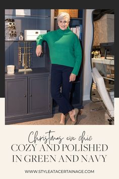 an older woman standing in front of a bookcase with the words christmas eve, cozy and polished in green and navy