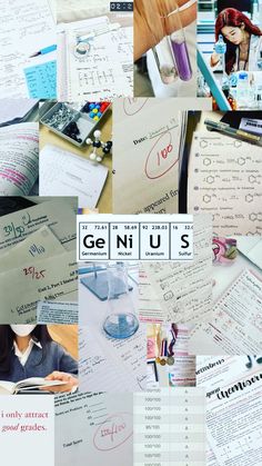 a collage of photos with the words genius written on them and various papers scattered about it