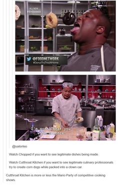 two screenshots of the same person in a kitchen, one with his mouth open