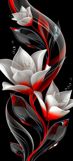 an artistic painting with red and white flowers in the middle of it, on a black background