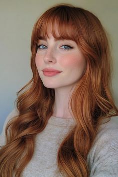 Click for More ➡️ | Save for Later ❤️  A rich auburn color with a hint of rust adds warmth and vibrancy to this style. The layers are kept soft and subtle, while the bangs are lightly feathered to blend in effortlessly, offering a low-key, natural look. (Rusty Auburn with Subtle Bangs - Long Layered Hair With Bangs) Copper Bangs Hair, Long Hair Layered Bangs, Auburn Curtain Bangs, Red Hair For Latinas, Auburn Hair With Fringe, Fun Copper Hair Color Ideas