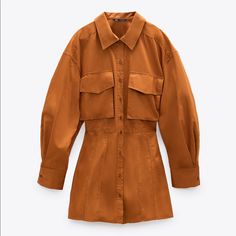 Nwot Size S Poplin Material Zara Poplin Shirt, Fashion Aesthetics, Poplin Dress, Poplin Shirt, Long Shirt, Lapel Collar, Zara Dresses, Color Orange, Autumn Winter Fashion