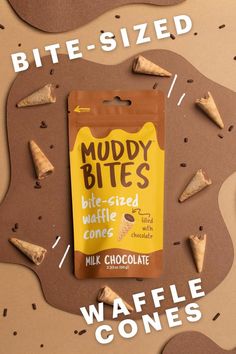 a bag of muddy bites next to some chocolate cones on a brown background with the words, waffle cones