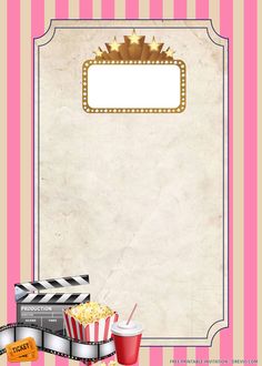 a pink and white striped background with popcorn, drinks and movie claps on it