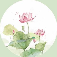 watercolor painting of pink flowers and green leaves