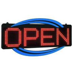 an open sign is shown with the word'open'in red and blue lights