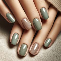 Chrome Olive Green Nails, Manicure Ideas 2024, Nail Art Green Designs, Short Gel Nail Designs Classy Simple, Green And Beige Nails, Sage Green Nails Design, Sage Nails Design, Sage Green Nail Ideas, Nail Ideas Green