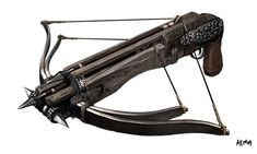 an artistic rendering of a bow and arrow with spikes on its head, from the video game metal gear