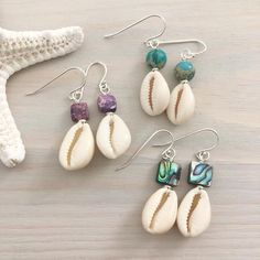 Cowrie Earrings, Cowrie Shell Earrings, Earrings Beach, Beaded Earrings Diy, Cowrie Shells, Ocean Jewelry, Dragonfly Earrings