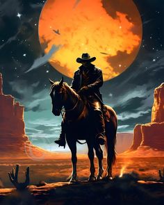 a man riding on the back of a horse in front of a large orange moon