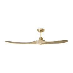 a ceiling fan that is gold in color and has two blades on each side of it