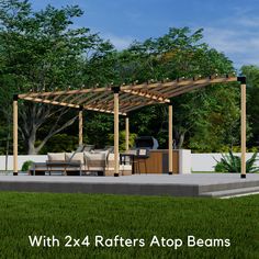 an outdoor living area with patio furniture and pergolated roof, surrounded by green grass