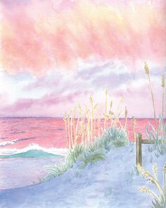 watercolor painting of beach scene with pink sky and sea oats in the foreground