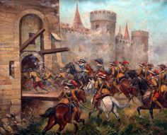 Charging the drawbridge, English Civil War- by Paul Emile Leon Perboyre Warhammer Fantasy Roleplay, Historical Warriors, Civil Wars, Ancient Paintings, American Colonies, Age Of Empires, English History, Historical Art, British History