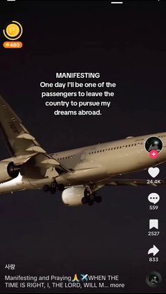 an airplane is flying in the sky at night with captioning information about it