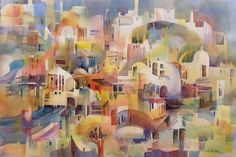 an abstract painting with buildings and trees in the background