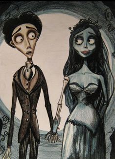 the corpse bride and groom are holding hands in front of a full moon with an evil man