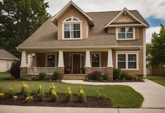 a house that is in the middle of a yard with flowers and bushes around it