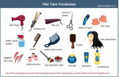 an image of hair care and grooming items labeled in the english language on a white background