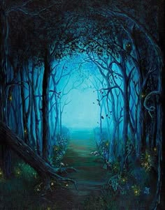 a painting of a path in the middle of a forest with fireflies on it