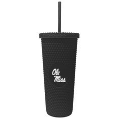 a black cup with a straw in it and the word ole miss printed on it