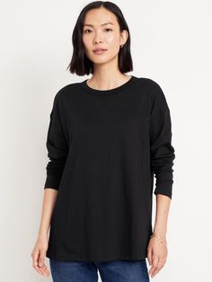 crew neck long drop-shoulder sleeves loose fit tunic length hits at hip models are approx.  5'9" and wear sizes s (4), l (12), and xl (18)machine wash according to the care instruction label  . Best Holiday gift for Women , perfect Tunics for Christmas! Basic Long Sleeve Crew Neck Top For Fall, Oversized Cotton Long Sleeve Top For Everyday, Long Sleeve Relaxed Fit T-shirt For Loungewear, Oversized Crew Top For Fall, Casual Long Sleeve Crew Neck Top Relaxed Fit, Fall Crew Neck Long Sleeve Top, Oversized Cotton Long Sleeve Top, Everyday Long Sleeve Crew Neck Top, Fall Boxy Crew Neck Top