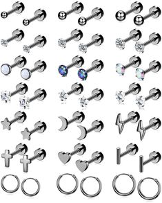 PRICES MAY VARY. Earring Sets for Multiple Piercing: Earring pack for women includes 21 pairs black earrings. There are cz, ball, fake opal, heart, cross, bar, moon, star, lightning bolt black stud earrings and black hoop earrings, so many cute earrings to choose from and match for multiple piercings. Small Earrings: 20g small stud earrings, 6mm wearable earring post length, 4mm flat back. 18g small hoop earrings, 8mm/10mm/12mm hoop earrings inner diameter, little stud and hoop earrings are ligh Earring Pack, Second Hole Earrings, Earrings Cartilage, Helix Piercing Jewelry, Cross Bar, Black Hoops Earrings, Earrings Sets, Multiple Piercings, Black Stud Earrings