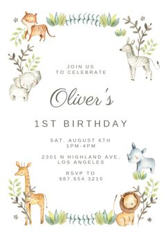 an animal themed baby shower is featured in this watercolor style card with the words, jungle