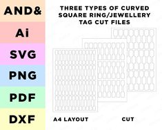 the three types of curved square ring / jewelry tag cut files are shown in different colors