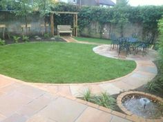 a small backyard with a lawn and water feature in the center, surrounded by greenery