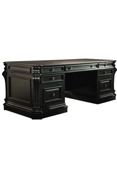 an executive desk with two drawers and one drawer on the left side, in black