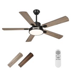 a ceiling fan with remote control and wood blades on the blade is shown in front of a white background