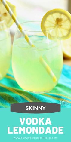 two glasses filled with vodka lemonade on top of a blue and green table cloth