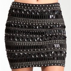 Enter The Party Skirt. With A Mix Of Rhinestones, Metal Studs And Chain Embellishments This Bebe Skirt Is Sure To Be An Impeccably-Cool After-Dark Style. Offers A Soft Bodycon-Style Stretch. Try It With A Peplum Bustier And A Pair Of Well-Heeled Booties. Patchwork Denim Skirt, Studded Skirt, Brown Flares, Solid Skirt, Embellished Skirt, Mini Pencil Skirt, Wrap Around Skirt, Black And White Skirt, Party Skirt