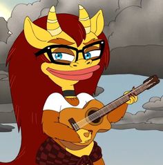 a cartoon character holding a guitar and wearing glasses