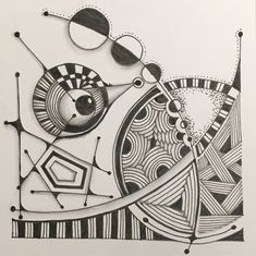 a black and white drawing of an abstract design with circles, lines, and shapes