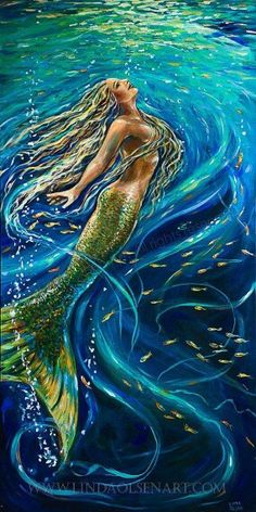 a painting of a mermaid with long hair swimming in the ocean, looking like she is floating