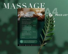 a massage brochure is displayed on a green background with a plant in the foreground