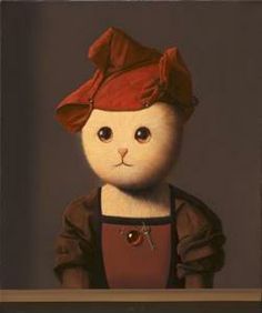 a painting of a white cat with a red hat on it's head and apron